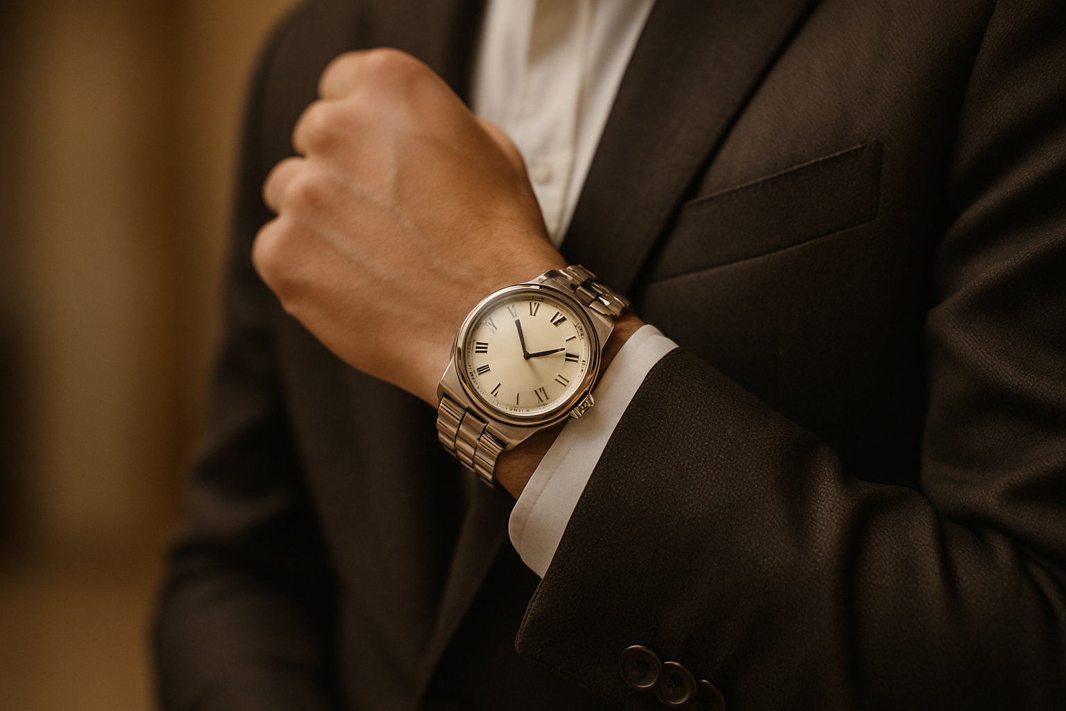 GENERATE A REALISTIC IMAGE FOR WATCH STORE showing a person wearing watch